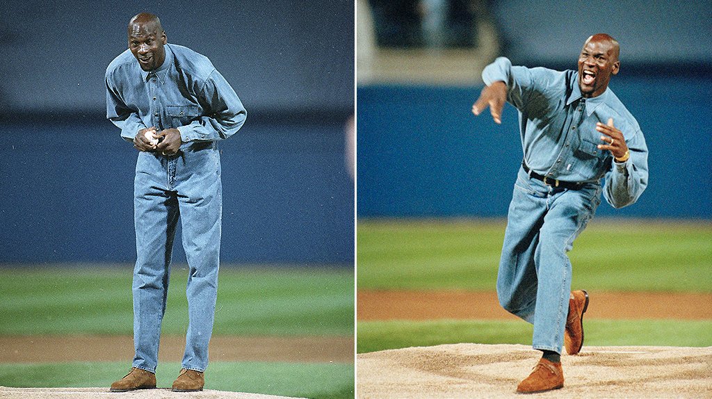 Michael Jordan in kickin' clothing tossing a first pitch